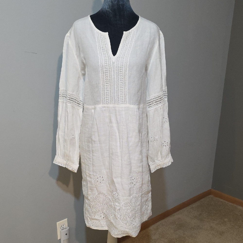 Tommy Bahama White Long Sleeve Embroidered Linen Dress